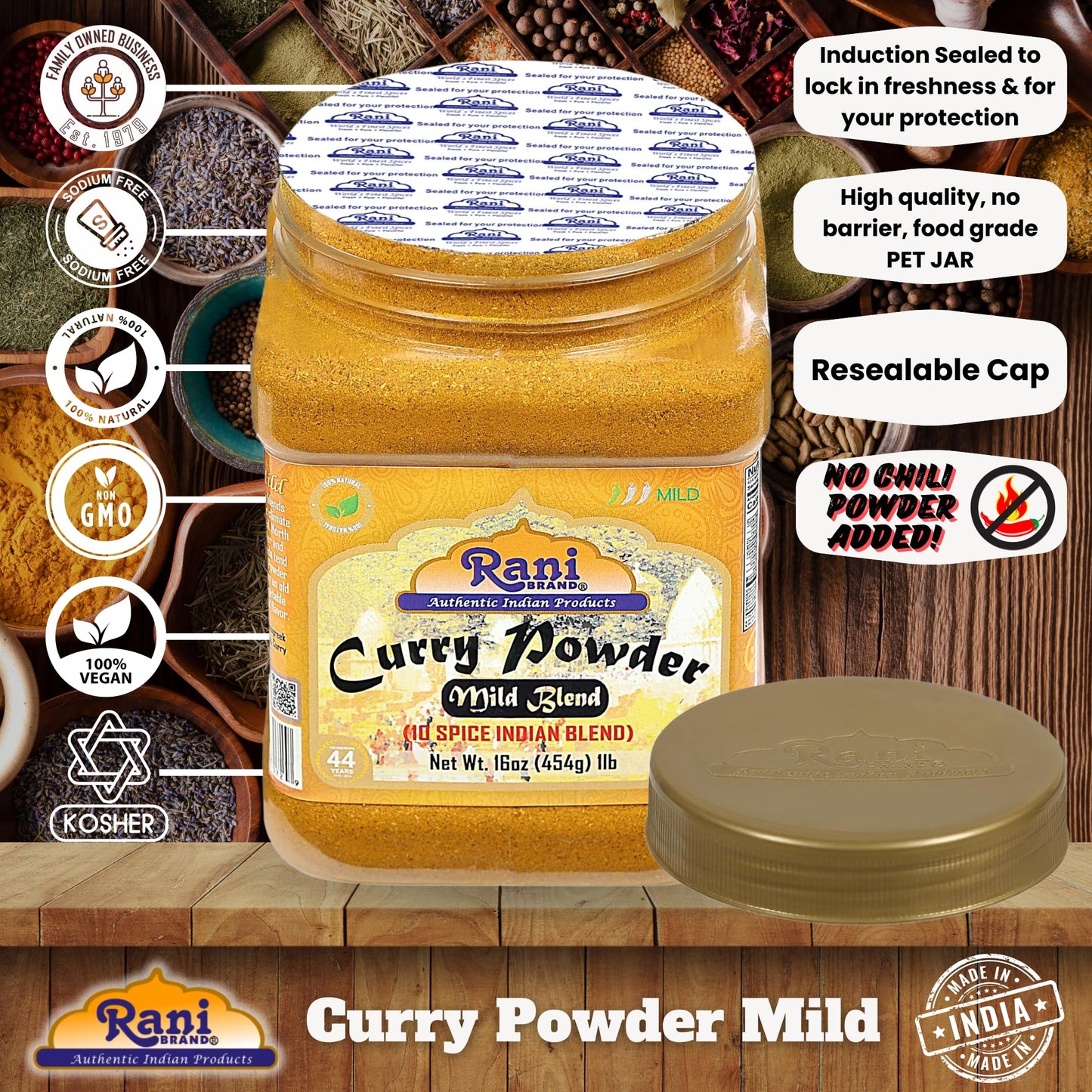Rani Curry Powder Mild (10-Spice Authentic Indian Blend) 1lb (454g) PET Jar ~ All Natural | Salt-Free | NO Chili or Peppers | Vegan | No Colors | Gluten Friendly | NON-GMO | Kosher | Indian Origin