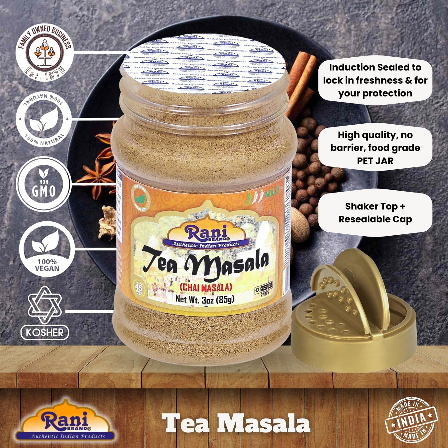 Rani Tea (Chai) Masala Indian Spice Blend 3oz (85g) PET Jar ~ All Natural | Vegan | Gluten Friendly | Salt & Sugar Free | NON-GMO | No Colors | Indian Origin