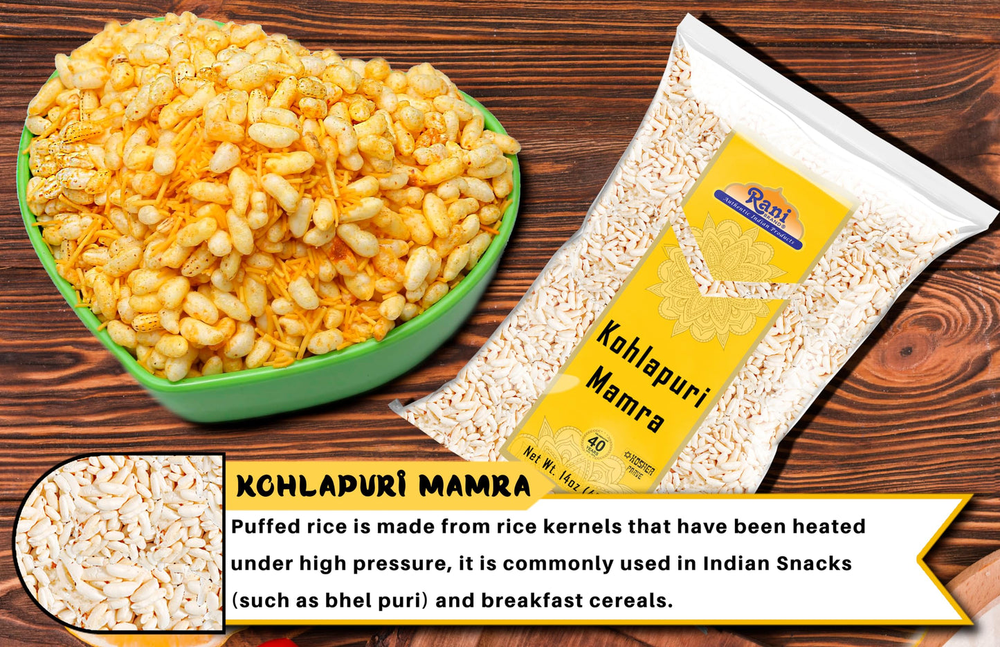 Rani Kohlapuri Mumra (Puffed Rice) 14oz (400g) ~ All Natural | No Color | Gluten Friendly | Vegan | NON-GMO | Kosher | No Salt or fillers | Indian Origin