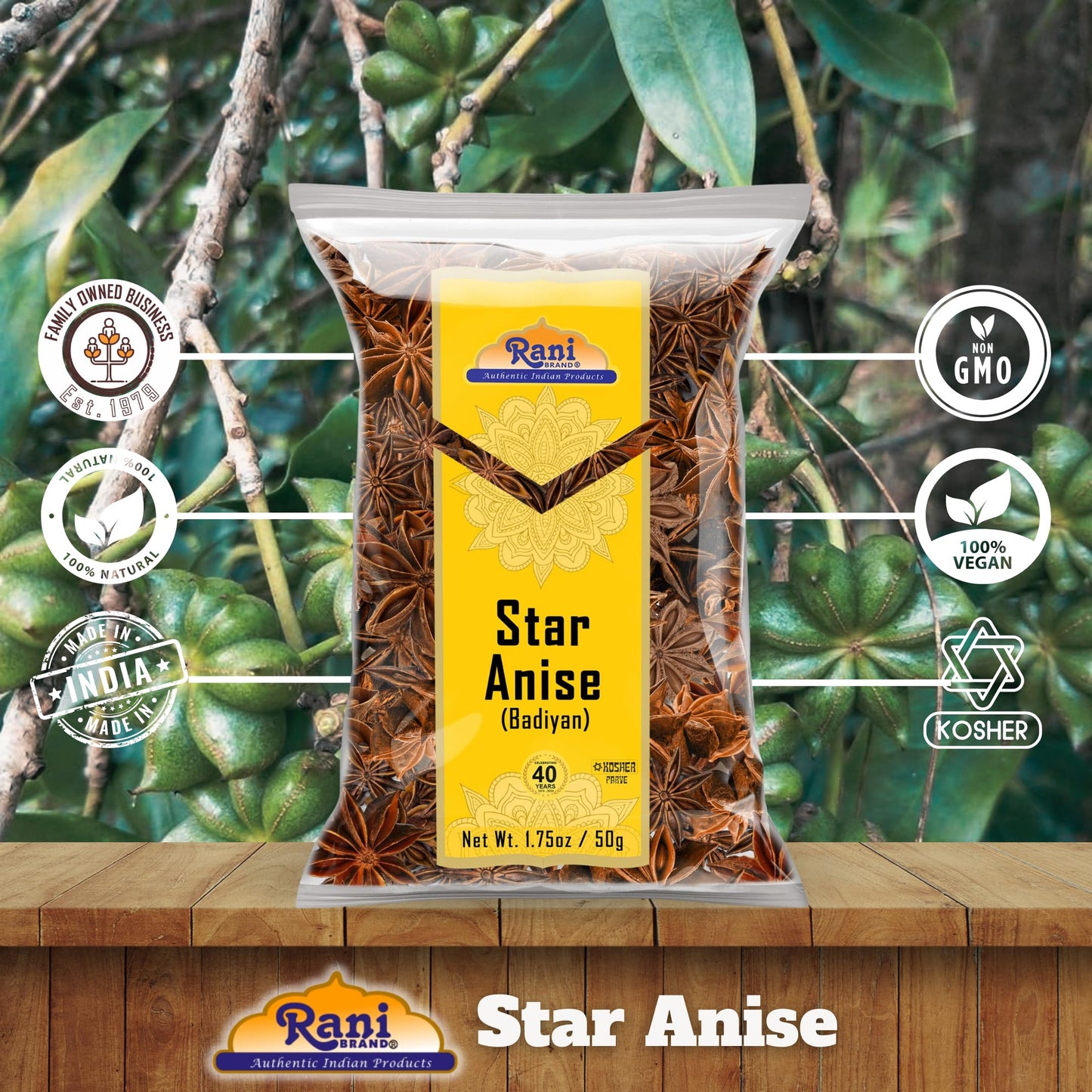 Rani Star Anise Seeds, Whole Pods (Badian Khatai) Spice 1.75oz (50g)~ All Natural | Gluten Friendly | NON-GMO | Kosher | Vegan | Whole Chinese Anise Star Pods Sun Dried Spice, Anis Estrella / Illicium Verum, Widely Used for Baking, Drinks, Cooking...