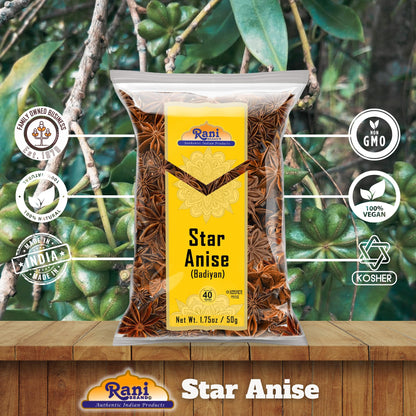 Rani Star Anise Seeds, Whole Pods (Badian Khatai) Spice 1.75oz (50g)~ All Natural | Gluten Friendly | NON-GMO | Kosher | Vegan | Whole Chinese Anise Star Pods Sun Dried Spice, Anis Estrella / Illicium Verum, Widely Used for Baking, Drinks, Cooking...