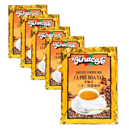 Vinacafe Instant Coffee Packets 3 in 1 Authentic Vietnamese Taste, Balanced Medium Roast Coffee Mix for Quick Preparation at Home, Office or Travel, Single Serve Sachets Pack of 5 | 20 Sachets Per Bag (100 Total Counts)