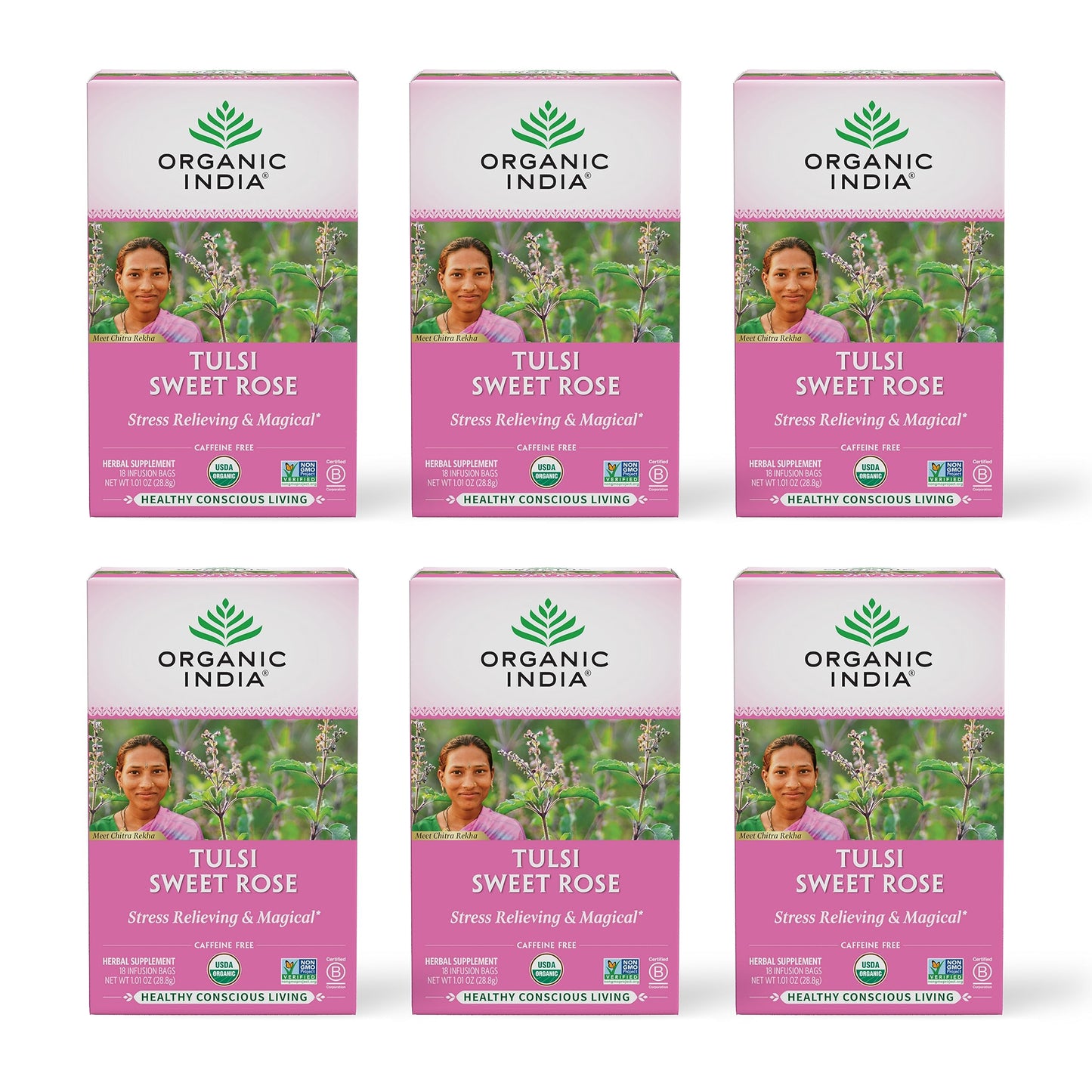 Organic India Tulsi Sweet Rose Herbal Tea - Holy Basil Leaf, African Basil, Chamomilie, Lemon Myrtle, Stress Relieving, Immune Support, USDA Certified Organic, Caffeine-Free - 18 Infusion Bags, 6 Pack