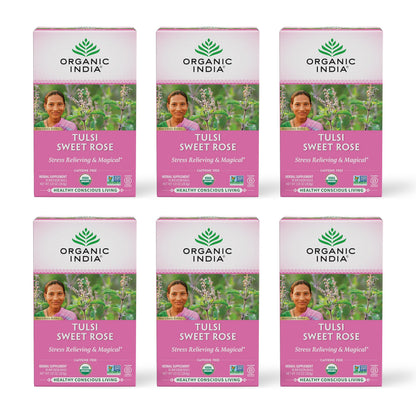 Organic India Tulsi Sweet Rose Herbal Tea - Holy Basil Leaf, African Basil, Chamomilie, Lemon Myrtle, Stress Relieving, Immune Support, USDA Certified Organic, Caffeine-Free - 18 Infusion Bags, 6 Pack