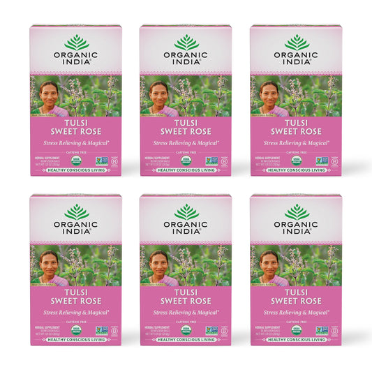 Organic India Tulsi Sweet Rose Herbal Tea - Holy Basil Leaf, African Basil, Chamomilie, Lemon Myrtle, Stress Relieving, Immune Support, USDA Certified Organic, Caffeine-Free - 18 Infusion Bags, 6 Pack