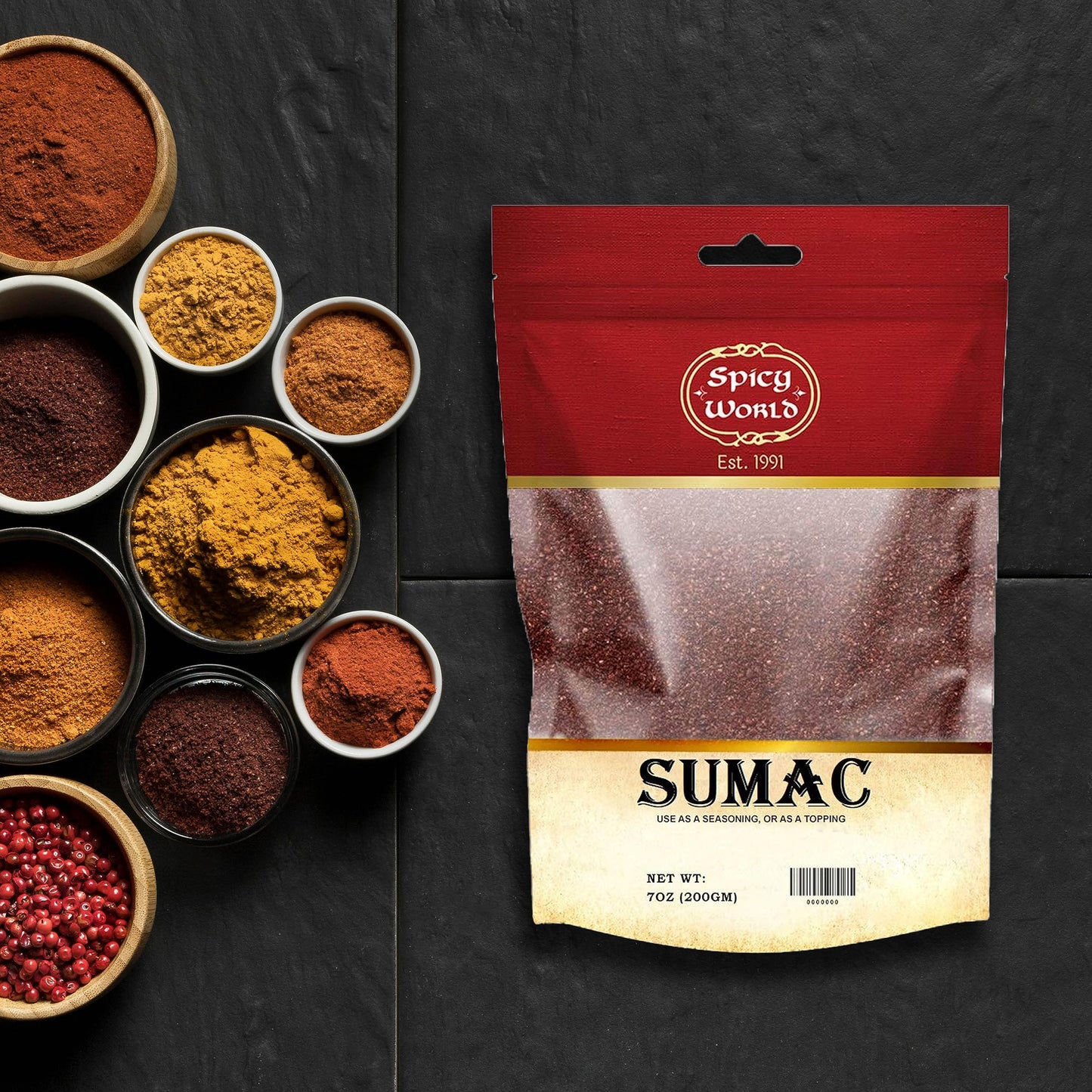 Spicy World Sumac Spice Powder 7 Ounce Bag - Ground Sumac, Sumac Seasoning (Sumak)