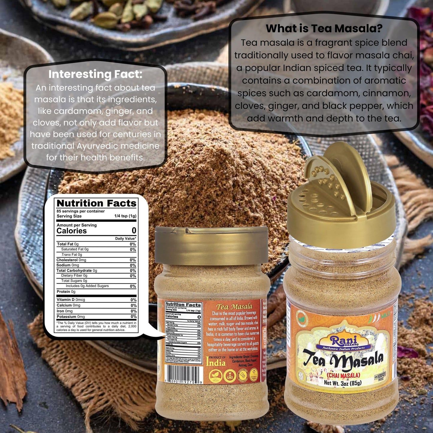 Rani Tea (Chai) Masala Indian Spice Blend 3oz (85g) PET Jar ~ All Natural | Vegan | Gluten Friendly | Salt & Sugar Free | NON-GMO | No Colors | Indian Origin