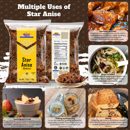 Rani Star Anise Seeds, Whole Pods (Badian Khatai) Spice 1.75oz (50g)~ All Natural | Gluten Friendly | NON-GMO | Kosher | Vegan | Whole Chinese Anise Star Pods Sun Dried Spice, Anis Estrella / Illicium Verum, Widely Used for Baking, Drinks, Cooking...