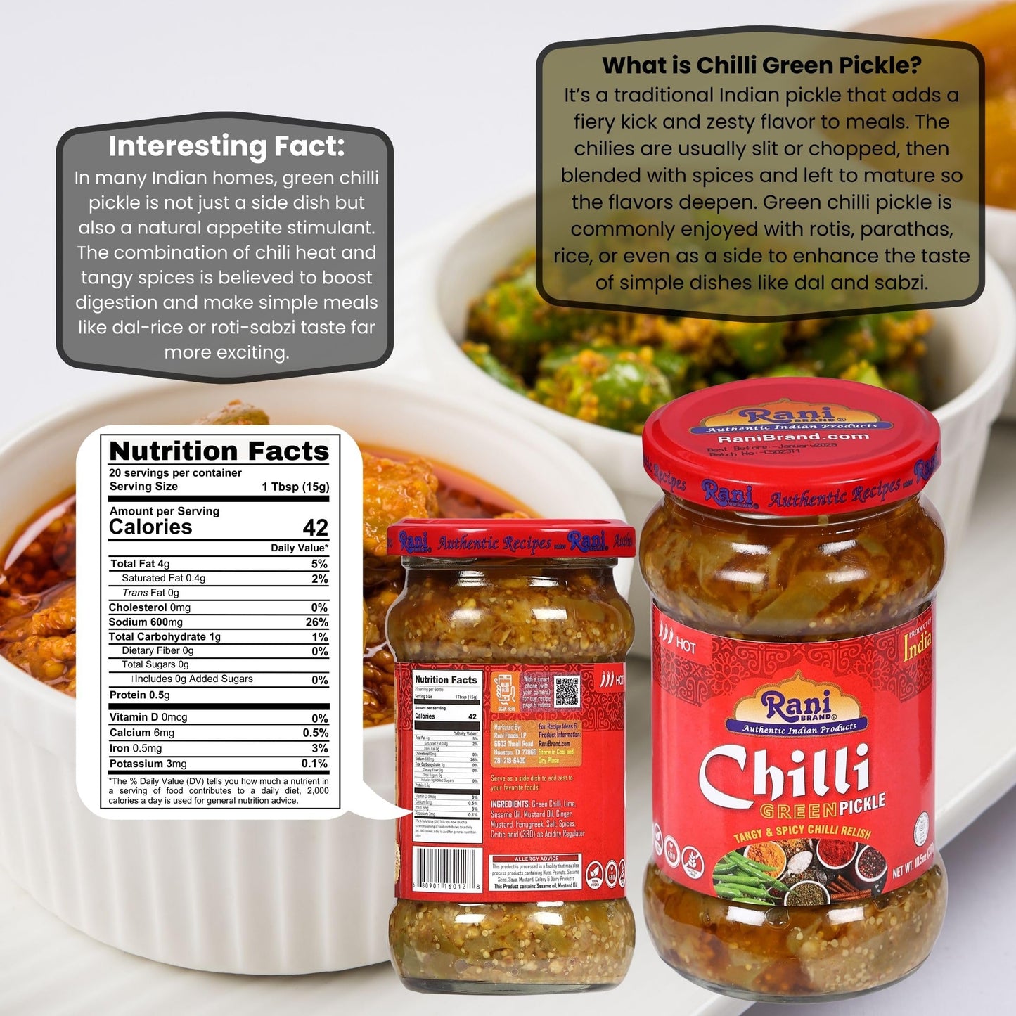 Rani Green Chilli Pickle Hot (Achar, Spicy Indian Relish) 10.5oz (300g) Glass Jar ~ Vegan | Gluten Free | NON-GMO | Kosher | No Colors | Popular Indian Condiment, Indian Origin