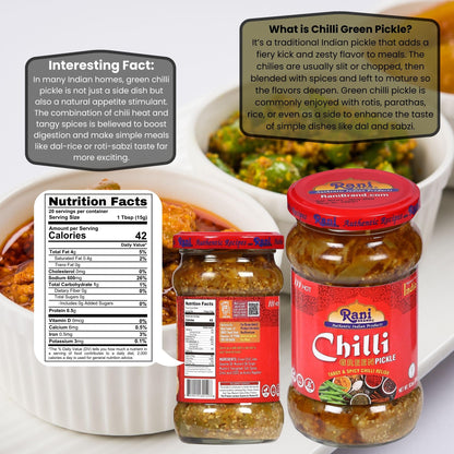 Rani Green Chilli Pickle Hot (Achar, Spicy Indian Relish) 10.5oz (300g) Glass Jar ~ Vegan | Gluten Free | NON-GMO | Kosher | No Colors | Popular Indian Condiment, Indian Origin