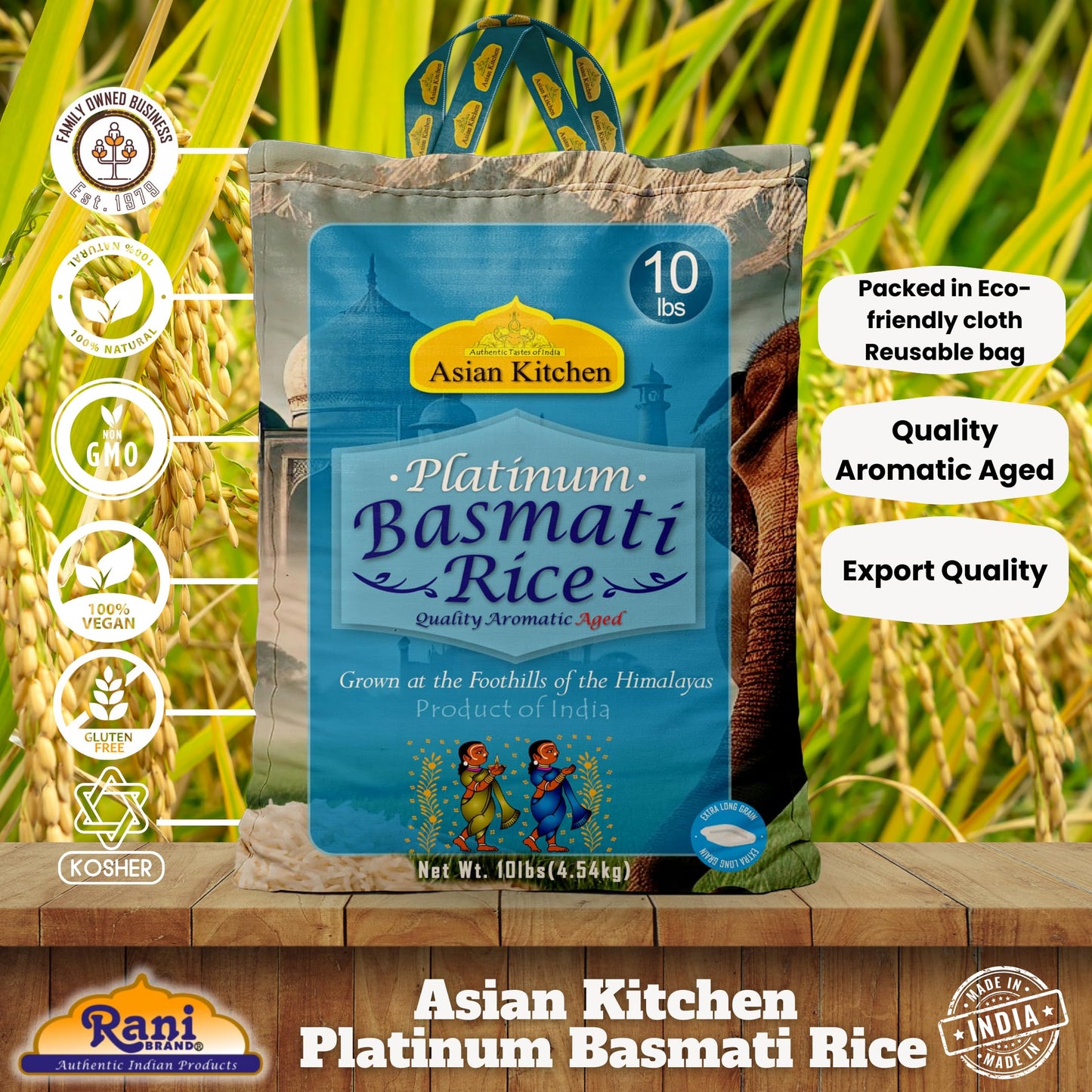 Asian Kitchen Platinum White Basmati Rice Extra Long Aged 10lbs (4.54kg) ~ All Natural | Gluten Friendly | Vegan | Indian Origin | Export Quality