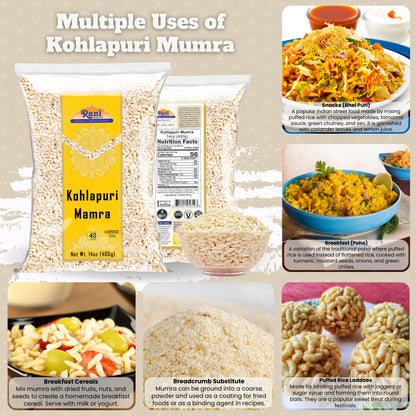 Rani Kohlapuri Mumra (Puffed Rice) 14oz (400g) ~ All Natural | No Color | Gluten Friendly | Vegan | NON-GMO | Kosher | No Salt or fillers | Indian Origin