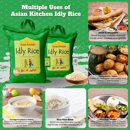 Asian Kitchen Idly (Idli) Rice 10-Pound Bag, 10lbs (4.54kg) Short Grain Rice ~ All Natural | Gluten Friendly | Vegan | Indian Origin | Export Quality