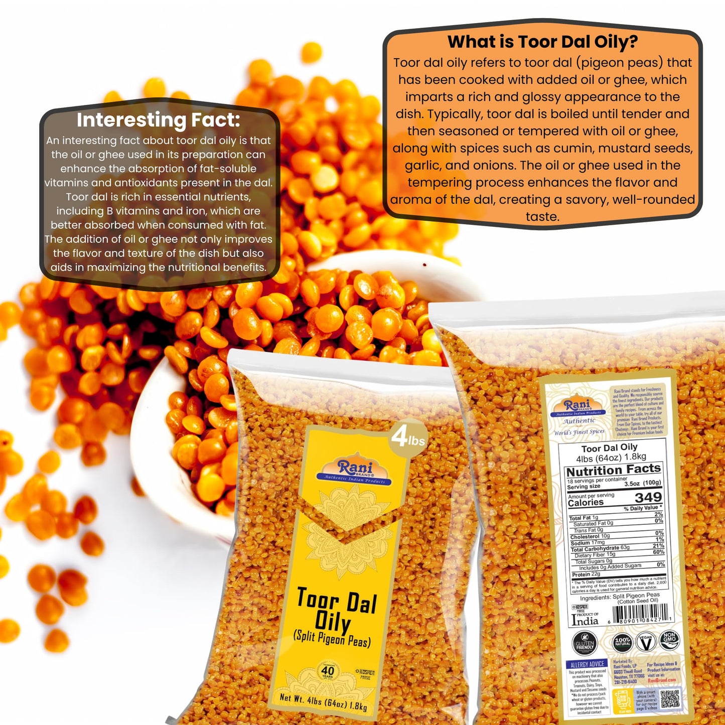 Rani Toor Dal (Split Pigeon Peas) Oily, 64oz (4lbs) 1.81kg Bulk ~ All Natural | Gluten Friendly | NON-GMO | Vegan | Indian Origin