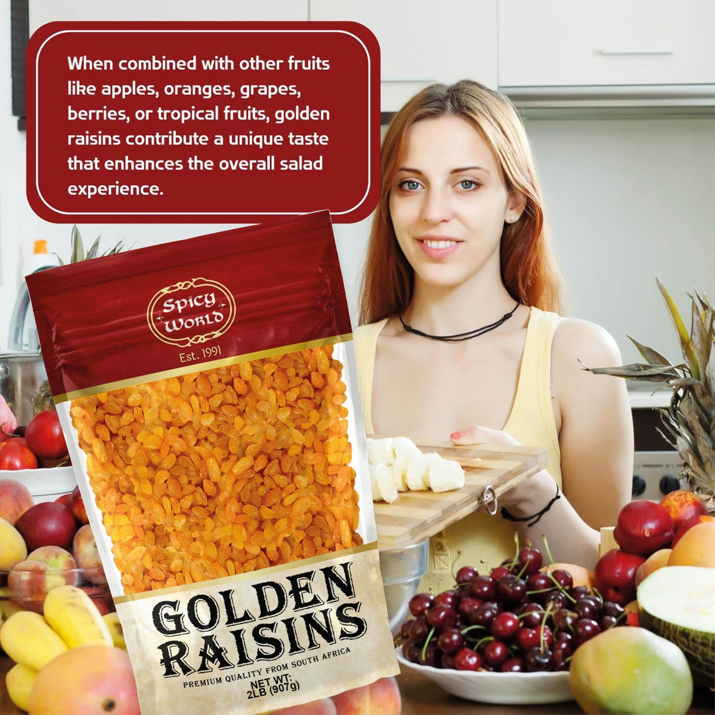 Spicy World Golden Raisins 2 LB Bulk Bag - Sweet & Seedless Sultanas from South Africa | | Perfectly Dried for Natural Sweetness | Ideal Dried Fruit Snack | For Baking & More | No Added Sugar