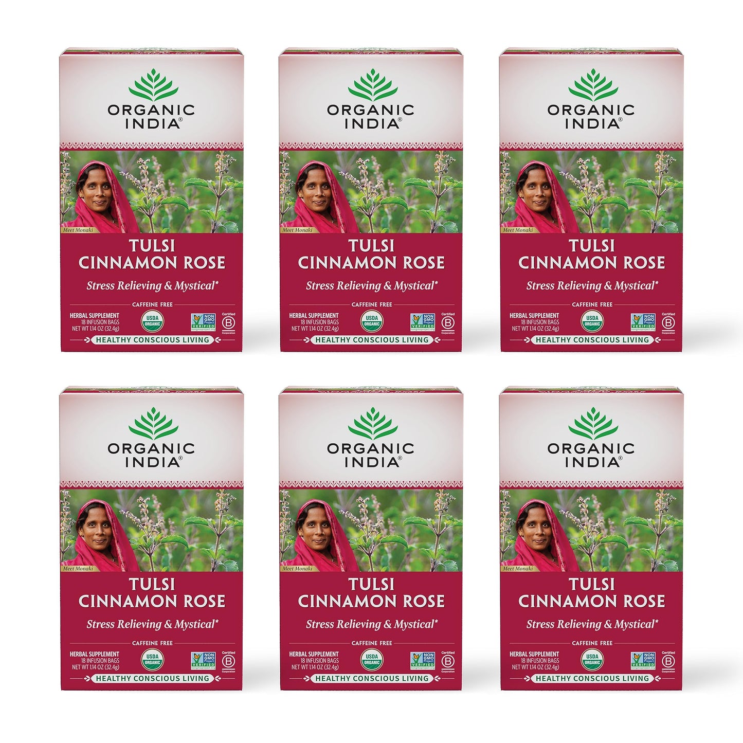 ORGANIC INDIA Tulsi Cinnamon Rose Tea Bags - Tulsi Rose Tea Bags, Cinnamon Tea Bags with Holy Basil, Chamomile, Stevia, USDA Certified Organic Caffeine Free Herbal Tea - 18 Infusion Bags, 6 Pack