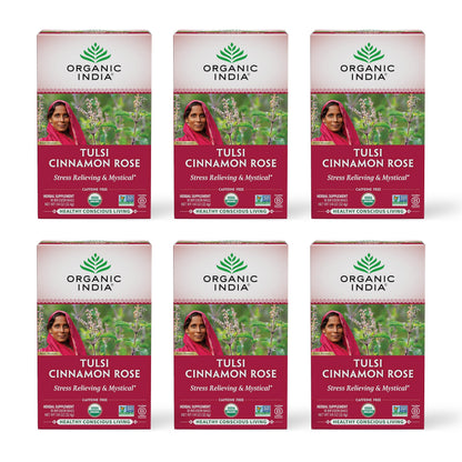 ORGANIC INDIA Tulsi Cinnamon Rose Tea Bags - Tulsi Rose Tea Bags, Cinnamon Tea Bags with Holy Basil, Chamomile, Stevia, USDA Certified Organic Caffeine Free Herbal Tea - 18 Infusion Bags, 6 Pack