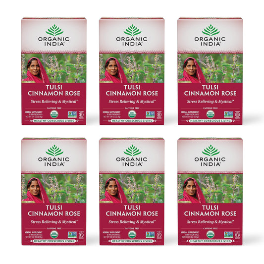 ORGANIC INDIA Tulsi Cinnamon Rose Tea Bags - Tulsi Rose Tea Bags, Cinnamon Tea Bags with Holy Basil, Chamomile, Stevia, USDA Certified Organic Caffeine Free Herbal Tea - 18 Infusion Bags, 6 Pack