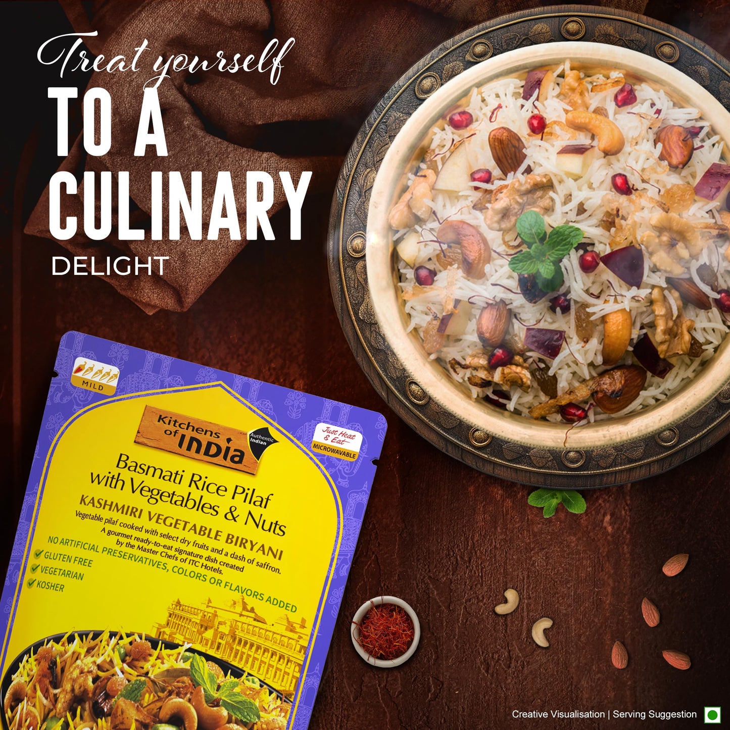 Kitchens of India Kashmiri Vegetable Biryani, Basmati Rice Pilaf with Vegetables & Nuts, 8.8 Ounces (Pack of 6), Gourmet Ready To Eat Authentic Indian Dish