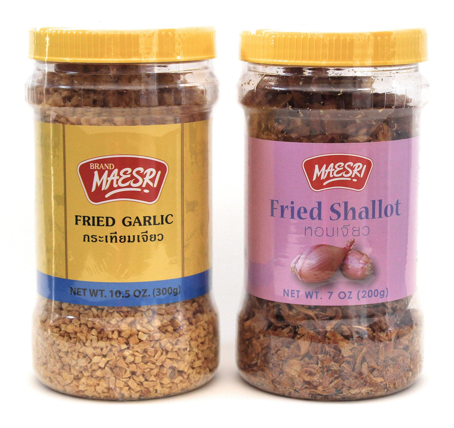 Maesri Fried Shallot & Fried Garlic Combo Pack, Ingredient & Garnish widely used in Asian Cooking, 7 Ounce & 10.5 Once Jar, 2 Piece Assortment