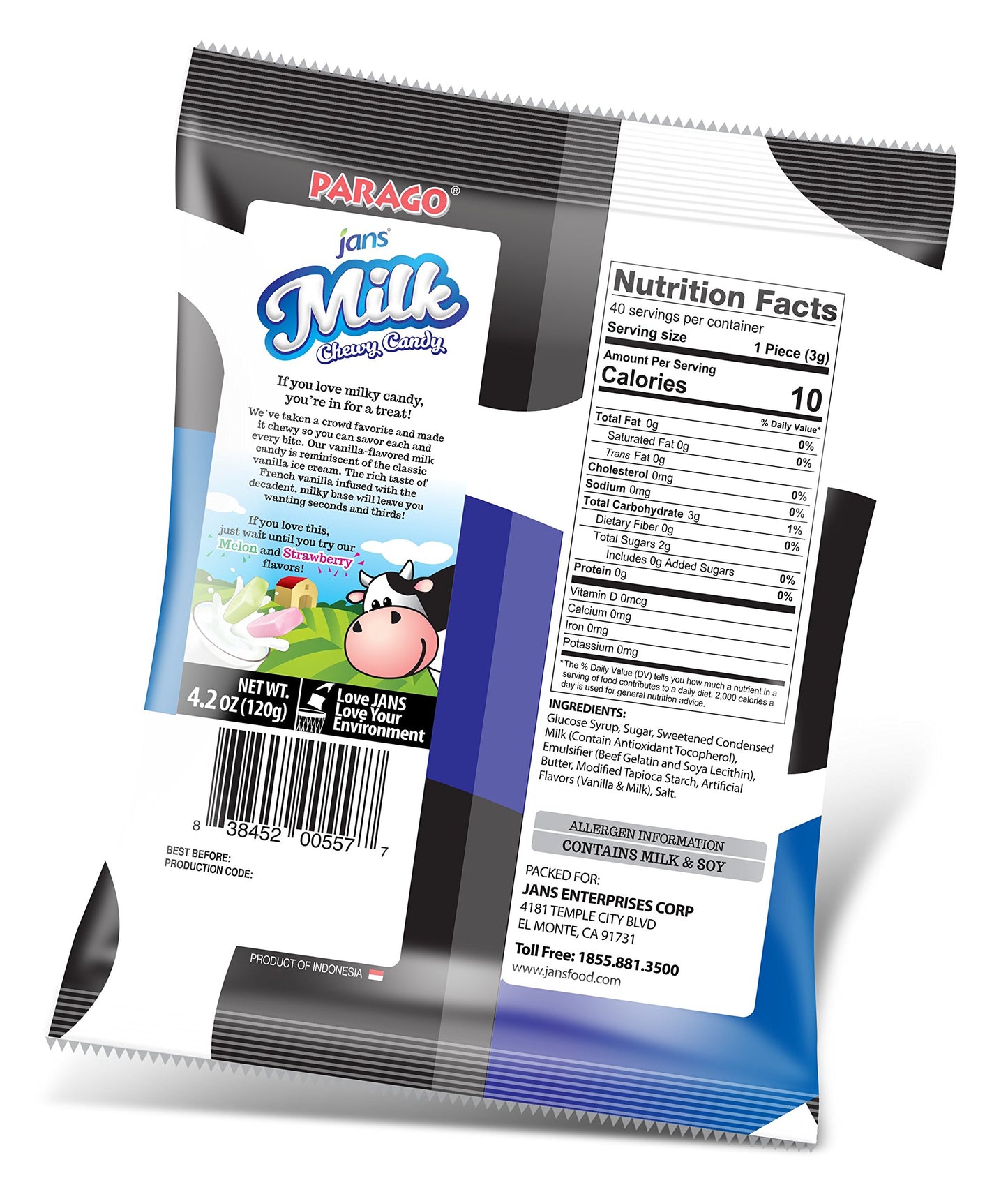Jans Milk Chewy Candy Original Milk Flavor | Chewy and Non-Sticky Candy | Cholesterol-Free | Fat-Free | Low-Calories | Irresistible Treat for Kids and Adults 4.20 oz per bag (Pack of 1)