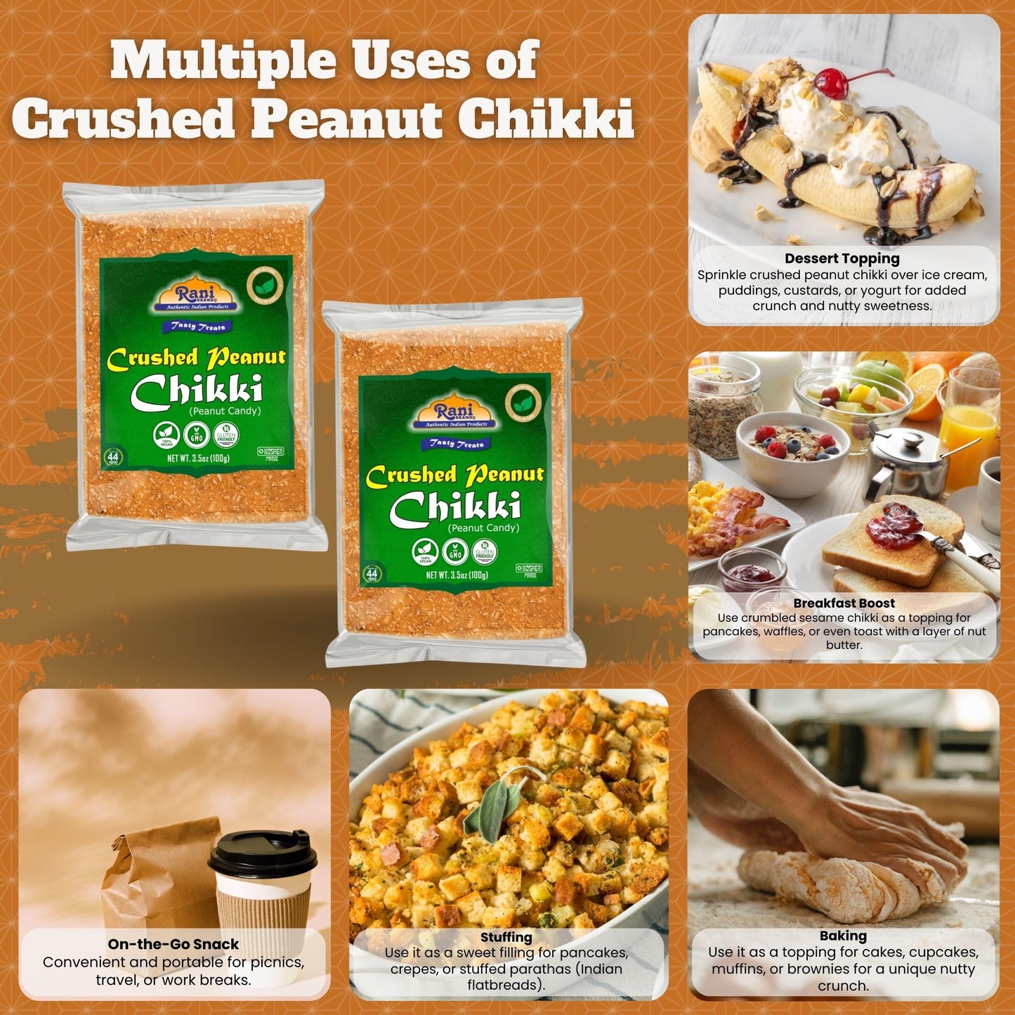 Rani Crushed Peanut Chikki (Brittle Candy) 3.5oz (100g) x Pack of 2 ~ All Natural | Vegan | No colors | Gluten Friendly | Kosher | Indian Origin