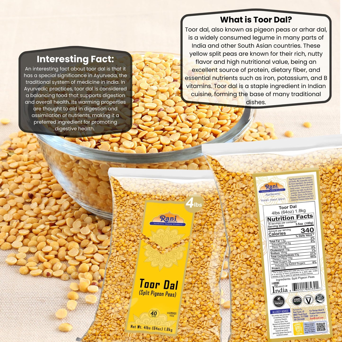 Rani Toor Dal (Split Pigeon Peas) 64oz (4lbs) 1.81kg Bulk ~ All Natural | Gluten Friendly | NON-GMO | Vegan | Indian Origin