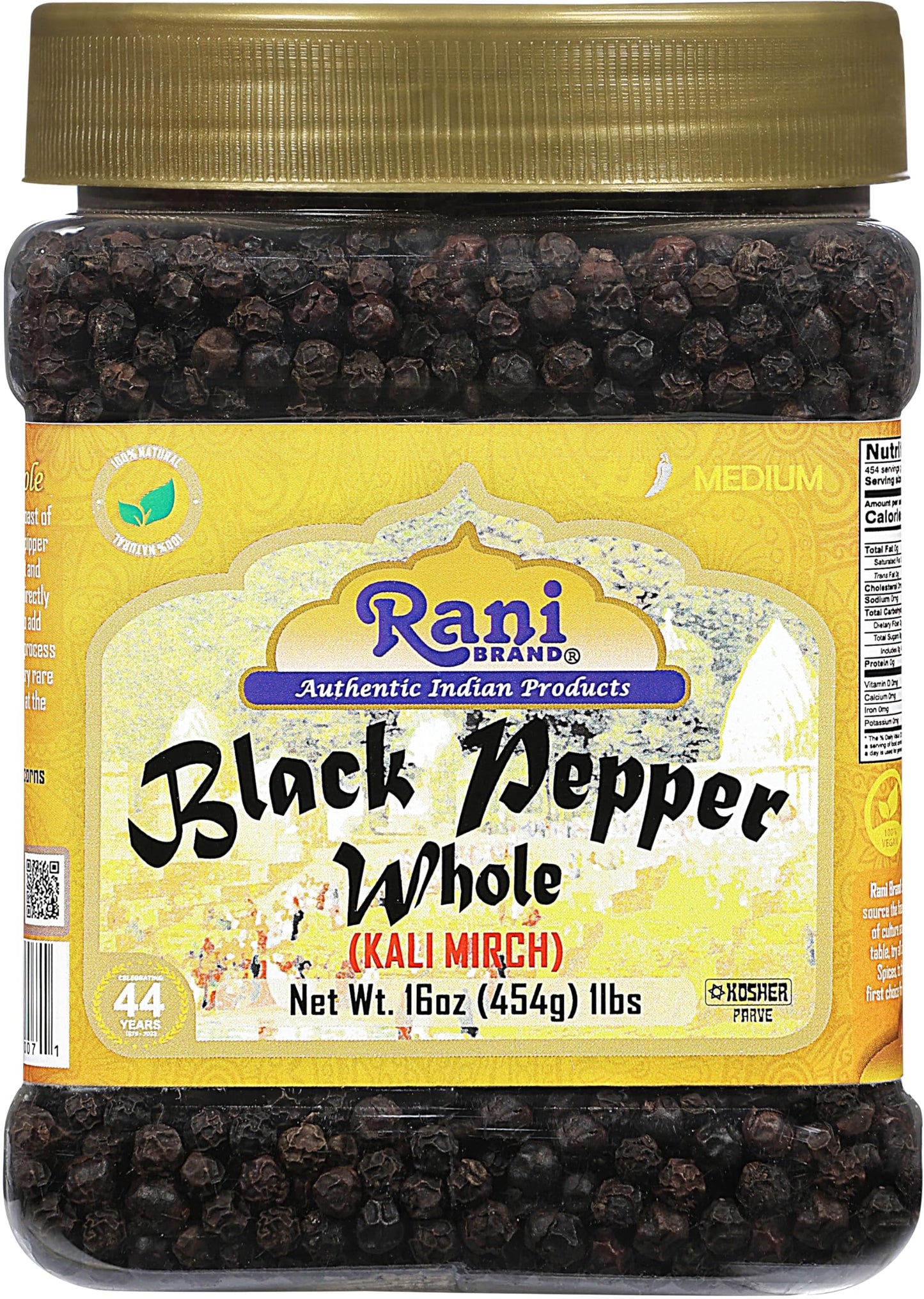 Rani Black Pepper Whole (Peppercorns), Premium MG-1 Grade 16oz (1lb) 454g Bulk PET Jar ~ All Natural | Gluten Friendly | Non-GMO | Kosher | Product of Vietnam | Perfect size for Grinders!