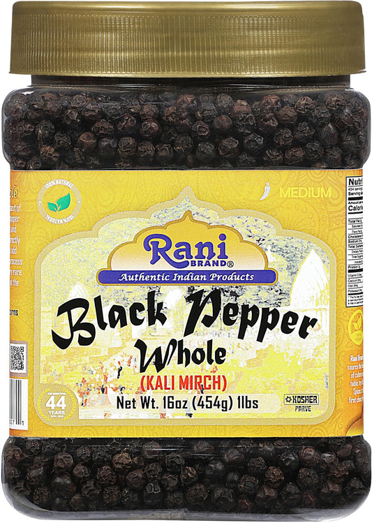 Rani Black Pepper Whole (Peppercorns), Premium MG-1 Grade 16oz (1lb) 454g Bulk PET Jar ~ All Natural | Gluten Friendly | Non-GMO | Kosher | Product of Vietnam | Perfect size for Grinders!