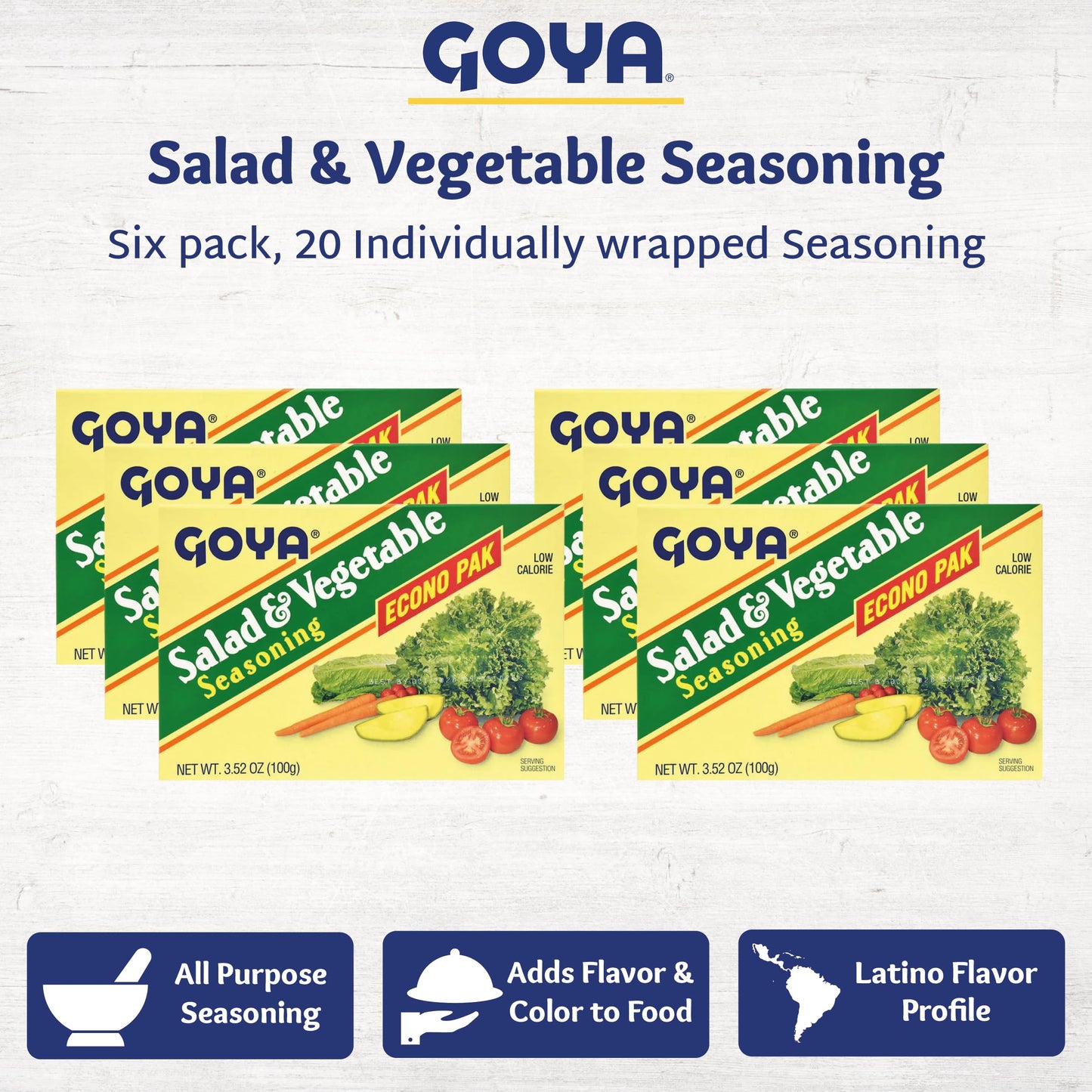 Salad and Vegetable Seasoning by Goya, All Purpose Seasoning for Fresh Vegetables, Leafy Greens, and Garden Salads, Latin-Inspired Spice Blend, 6-Pack, 3.52oz Cartons