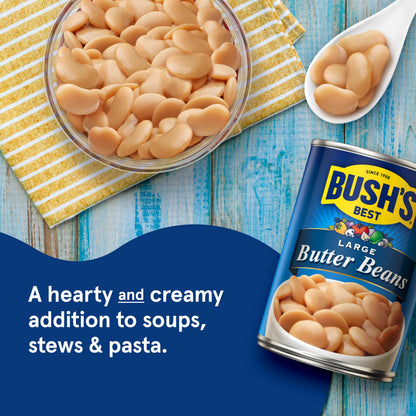 BUSH'S BEST 16 oz Canned Large Butter Beans, Source of Plant Based Protein and Fiber, Low Fat, Gluten Free, (Pack of 12)