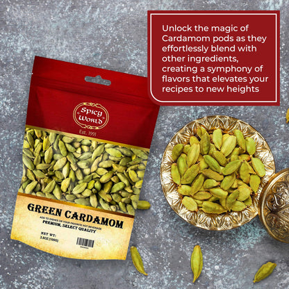 Spicy World Green Cardamom Pods 3.5 Oz - As Seen on Tik Tok - Premium Quality Whole Green Cardamom Pods | Vegan | Large | Aromatic Cardamon