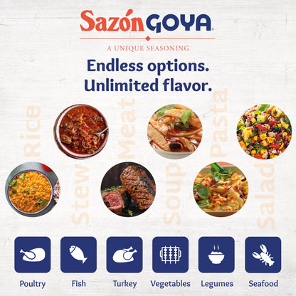 Sazón with Coriander & Annatto by Goya, Latin Spice Blend for Poultry, Seafood, Meat and Vegetables, All Purpose Mexican Seasoning, Pack of 2, 1.41oz Cartons, 8 Packets Each
