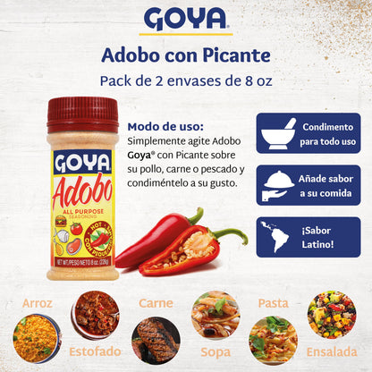 Adobo Hot All Purpose Spice by Goya, Poultry, Seafood, Meat, and Vegetable Seasoning, Latin Spicy Blend, Mexican Seasoning, Pack of 2, 8oz. Bottle