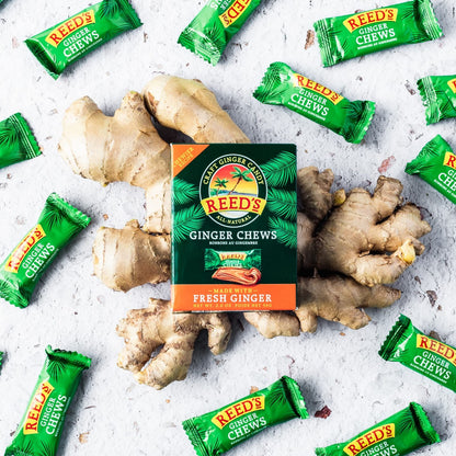 Reed's All Natural Ginger Chews Chewy Ginger Candy - Sweet & Spicy Individually Wrapped Candy For Snacking, Upset Stomach & Morning Sickness - Vegan Snacks - 2oz Box, Bulk Pack of 20)