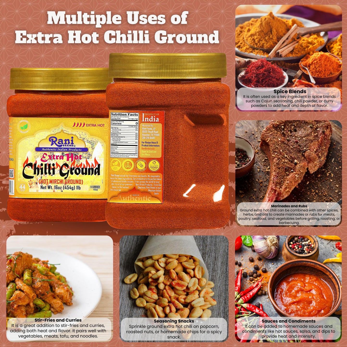Rani Extra Hot Chilli Powder Indian Spice 16oz (1lb) 454g PET Jar ~ All Natural | Salt-Free | Vegan | No Colors | Gluten Friendly | NON-GMO | Kosher | Indian Origin