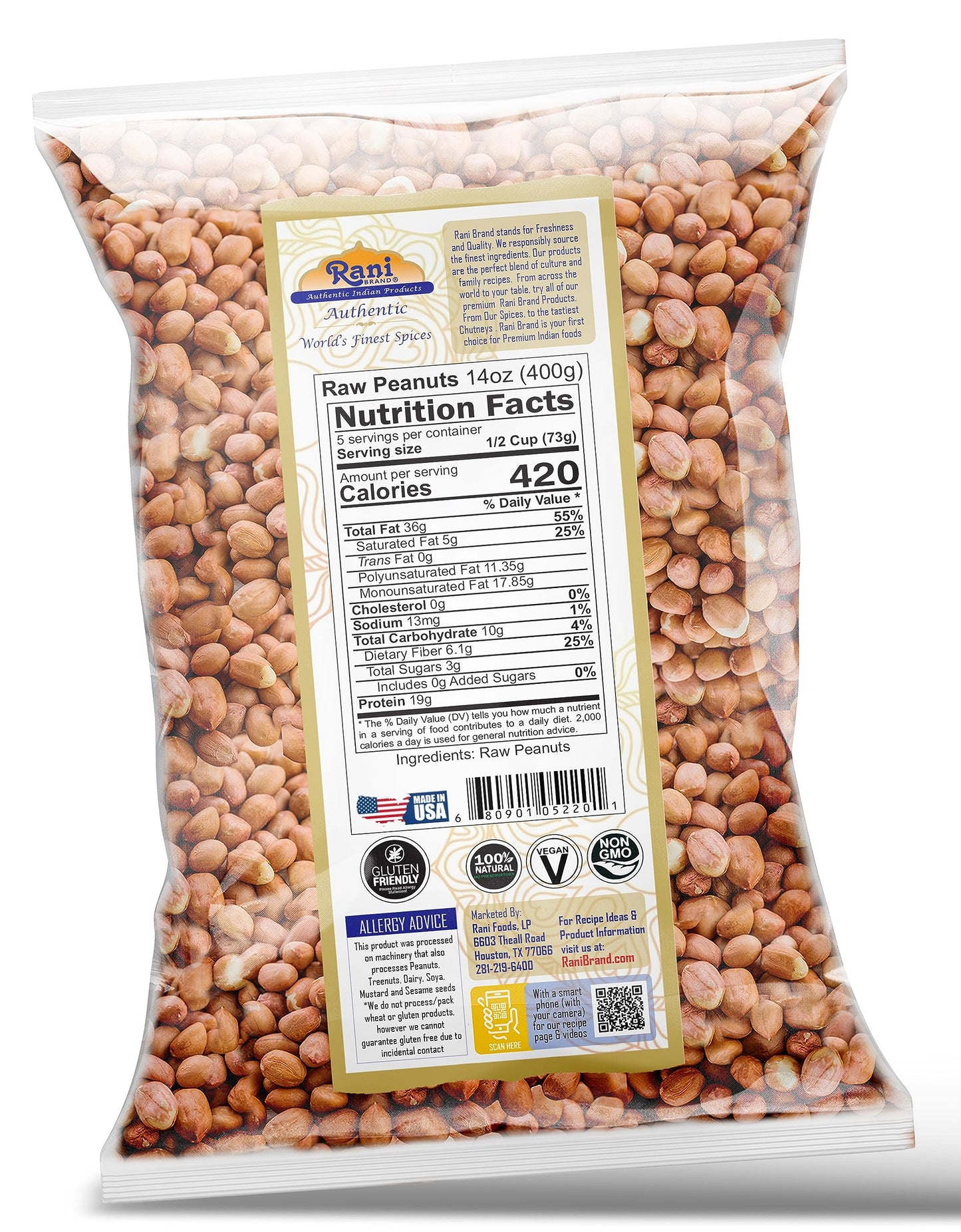 Rani Peanuts, Raw Whole With Skin (uncooked, unsalted) 14oz (400g) ~ All Natural | Vegan | Kosher | Gluten Friendly | Fresh Product of USA ~ Spanish Grade Groundnut/Red-skin