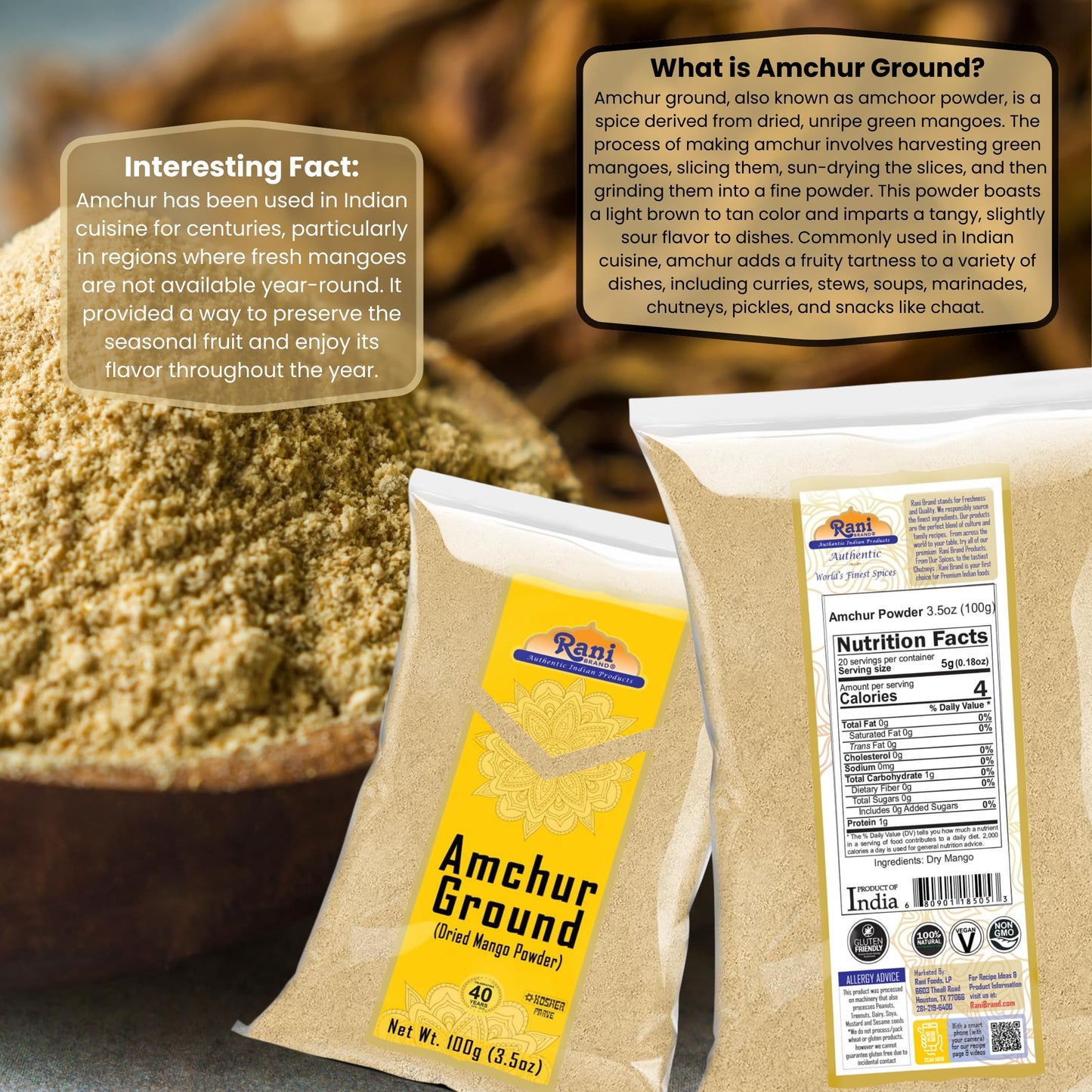 Rani Amchur (Mango) Ground Powder Spice 3.5oz (100g) ~ All Natural, Indian Origin | No Color | Gluten Friendly | Vegan | NON-GMO | Kosher | No Salt or fillers