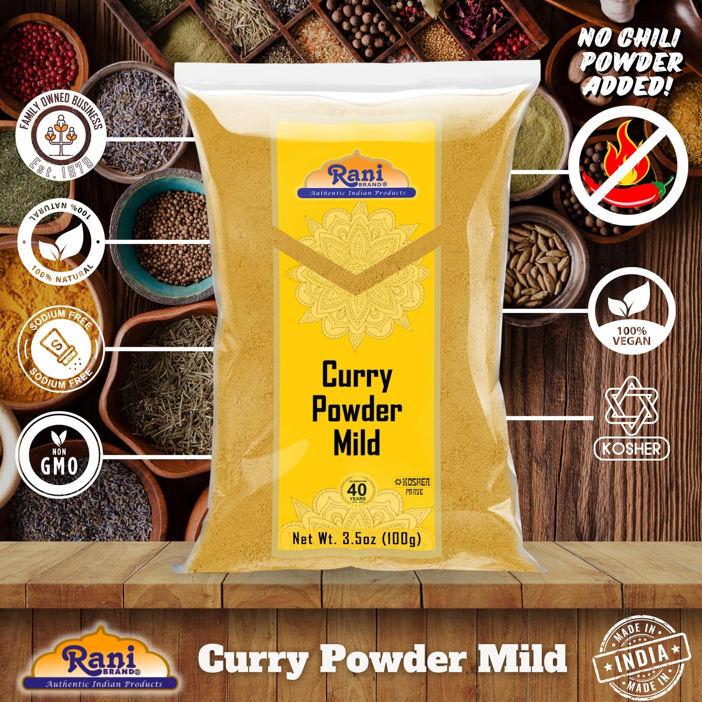 Rani Curry Powder Mild (10-Spice Authentic Indian Blend) 3.5oz (100g) ~ All Natural | Salt-Free | NO Chili or Peppers | Vegan | No Colors | Gluten Friendly | NON-GMO | Kosher | Indian Origin