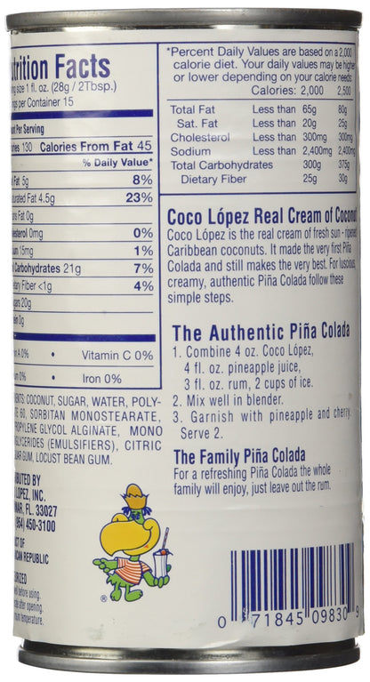 Coco Lopez - Real Cream of Coconut - 15 Ounce Can - Original Fresh Authentic Coconut Cream (6 Pack)
