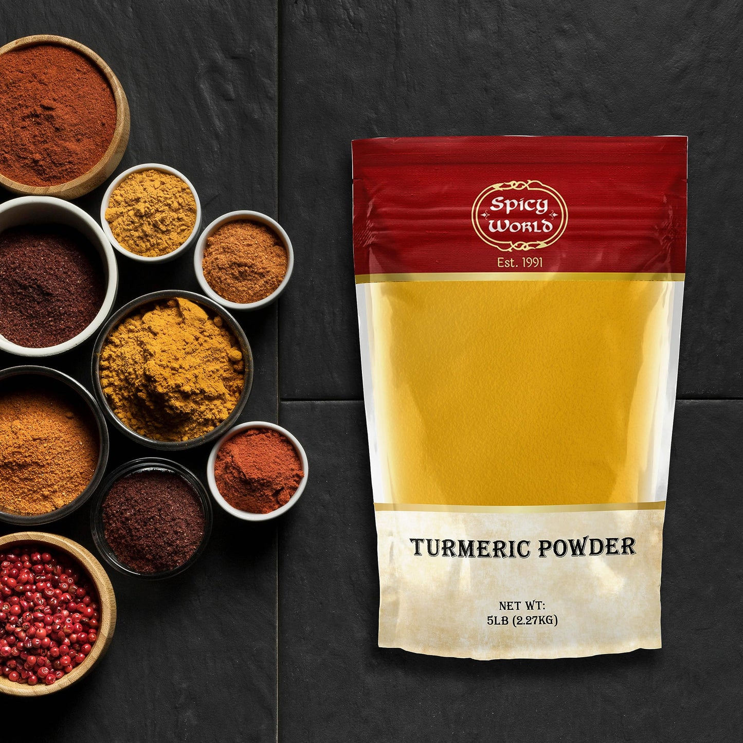 Turmeric Powder 5 Pound Bulk Bag - Indian Turmeric Root Ground (Haldi) - Minimum Curcumin 2.5% - Pure, Vegan, from India by Spicy World