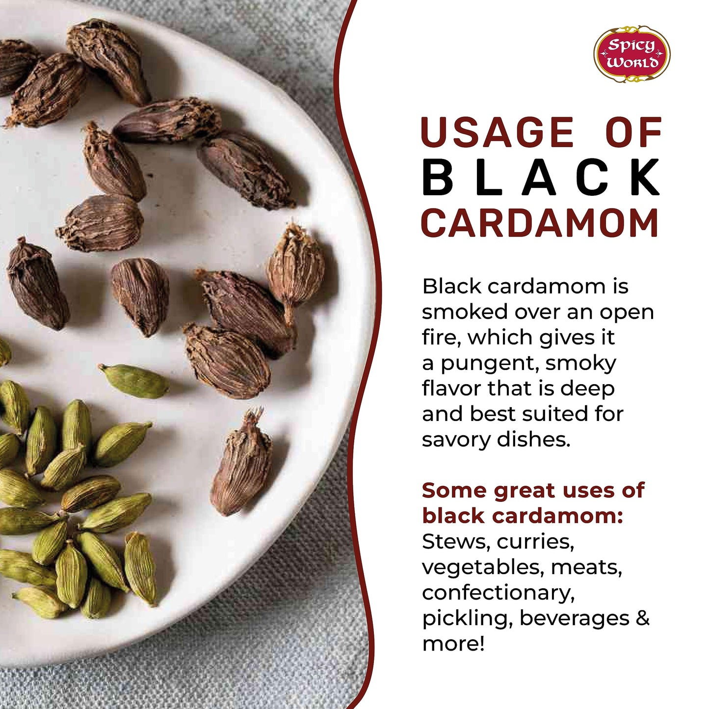 Black Cardamom Pods 3.5 Oz Bag (100gm) | Whole Kali Elaichi Indian Spice by Spicy World