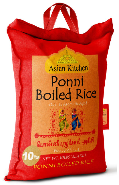 Asian Kitchen Ponni Boiled Rice 10-Pound Bag, 10lbs (4.54kg) Short Grain Par Boiled Rice ~ All Natural | Gluten Friendly | Vegan | Kosher | Indian Origin | Export Quality