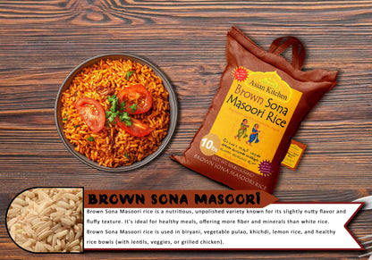 Asian Kitchen Brown Sona Masoori Aged Rice 10-Pound Bag, 10lbs (4.54kg) Short Grain Rice ~ All Natural | Gluten Friendly | Vegan | Indian Origin | Export Quality
