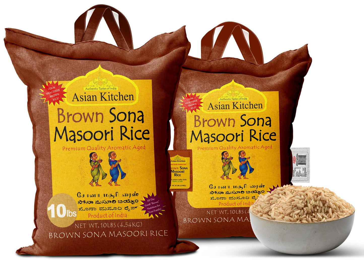 Asian Kitchen Brown Sona Masoori Aged Rice 10-Pound Bag, 10lbs (4.54kg) Short Grain Rice ~ All Natural | Gluten Friendly | Vegan | Indian Origin | Export Quality