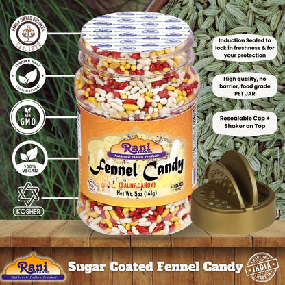 Rani Sugar Coated Fennel Candy 5oz (141g) PET Jar ~ Indian After Meal Digestive Treat | Vegan | Gluten Friendly | NON-GMO | Indian Origin