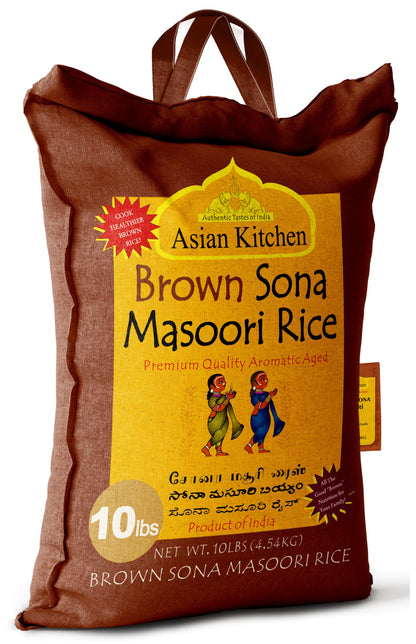 Asian Kitchen Brown Sona Masoori Aged Rice 10-Pound Bag, 10lbs (4.54kg) Short Grain Rice ~ All Natural | Gluten Friendly | Vegan | Indian Origin | Export Quality