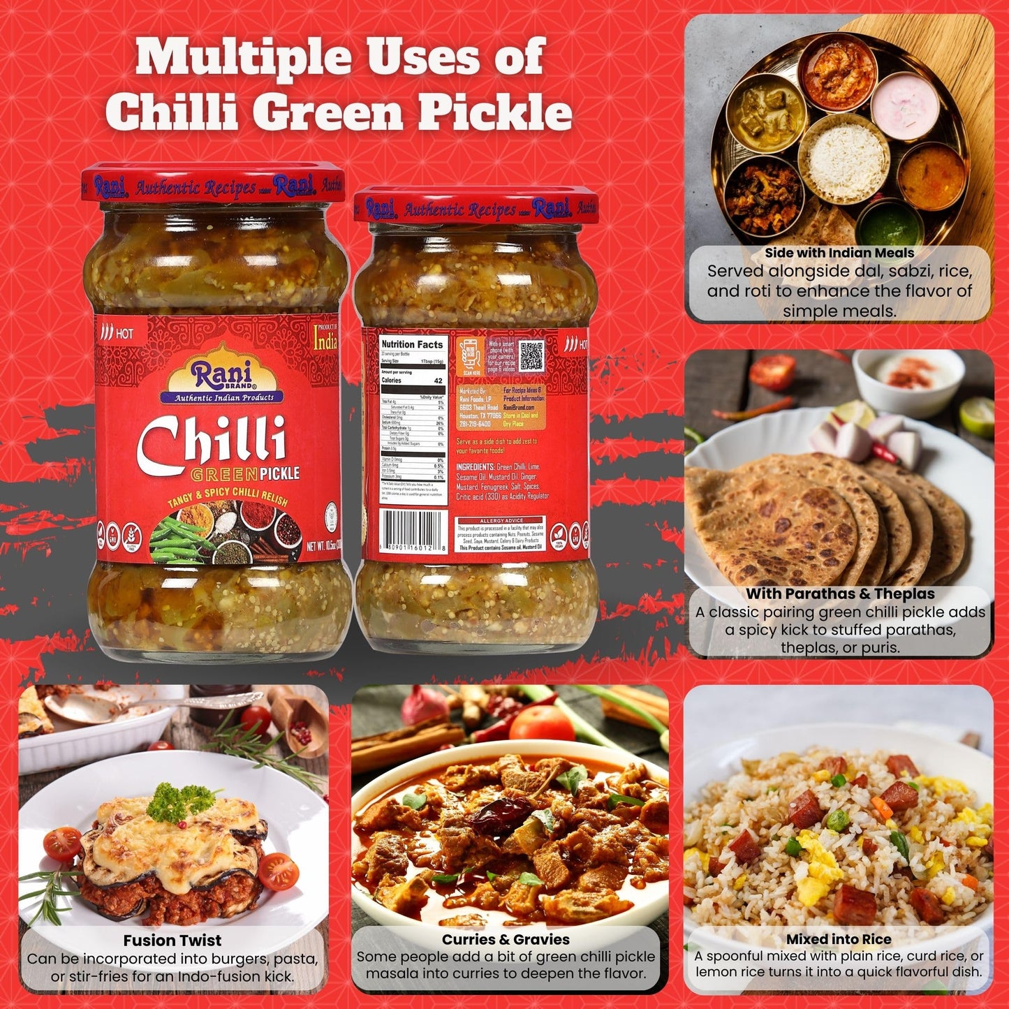 Rani Green Chilli Pickle Hot (Achar, Spicy Indian Relish) 10.5oz (300g) Glass Jar ~ Vegan | Gluten Free | NON-GMO | Kosher | No Colors | Popular Indian Condiment, Indian Origin
