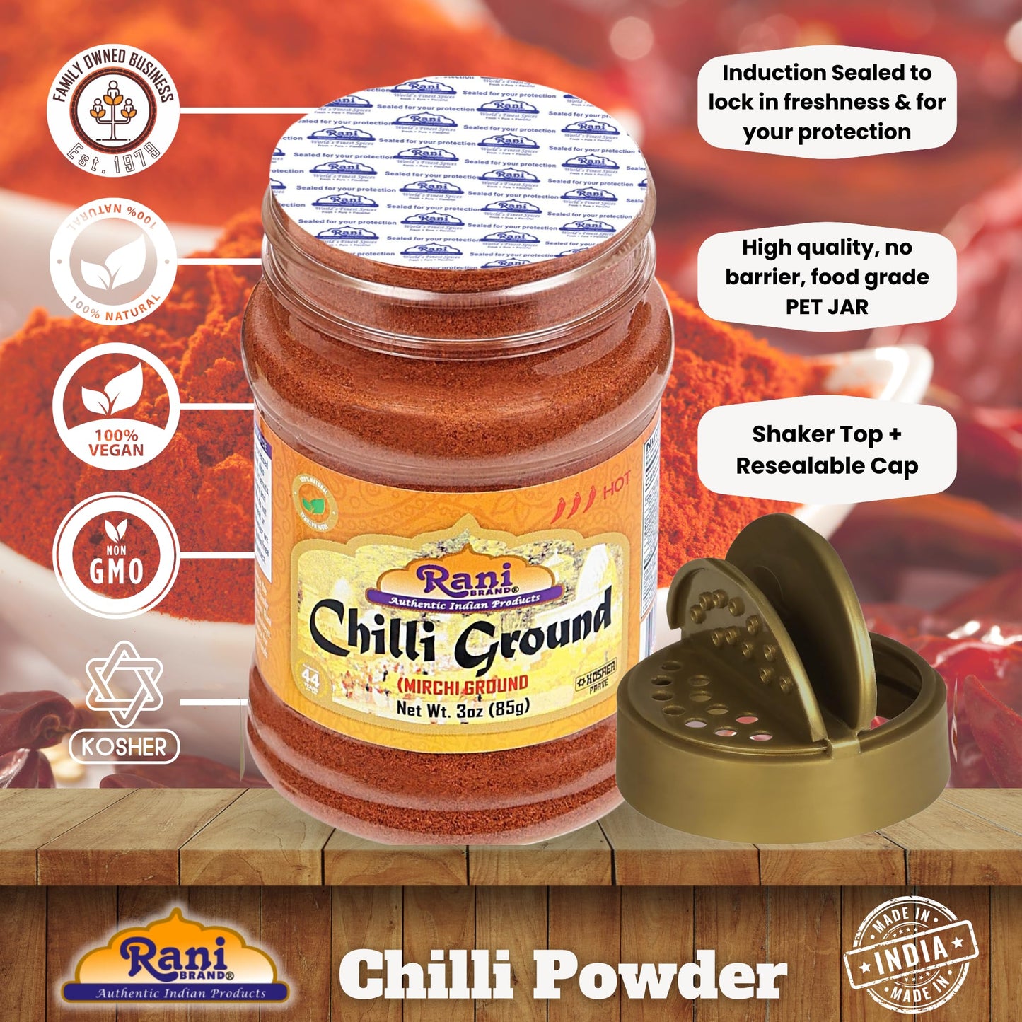 Rani Chilli Powder (Mirchi) Ground Indian Spice 3oz (85g) PET Jar ~ All Natural | Salt-Free | Vegan | No Colors | Gluten Friendly | NON-GMO | Kosher | Indian Origin