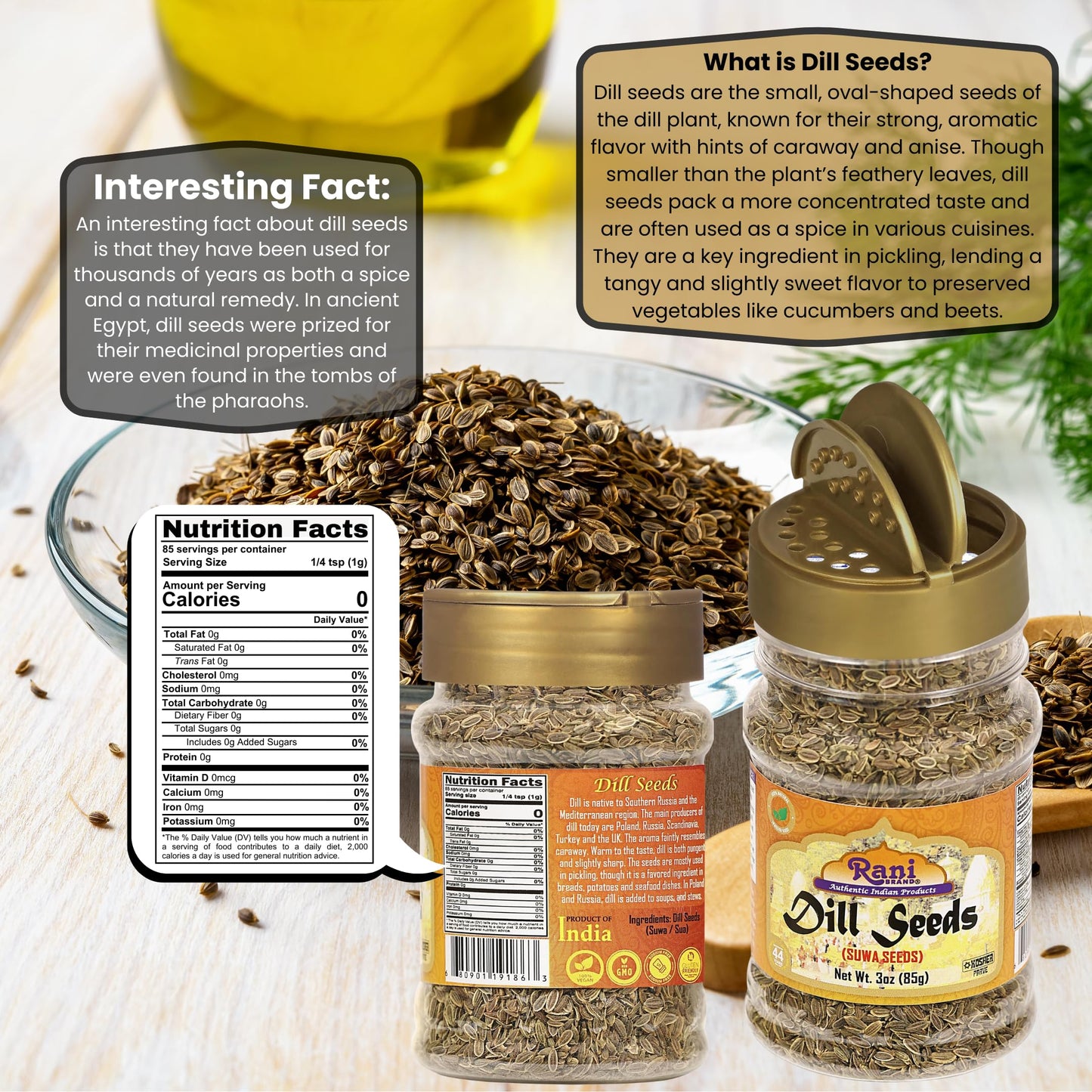 Rani Dill Seeds (Suwa/Sua) Whole, Spice 3oz (85g) PET Jar ~ All Natural | Gluten Friendly | NON-GMO | Kosher | Vegan | Indian Origin, Weed